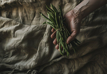 Fresh green beans elegantly displayed on rustic, sun-drenched linenの素材