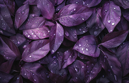 The ethereal beauty of dew-kissed purple leaves: a close-up view that captures the essence of nature's artの素材