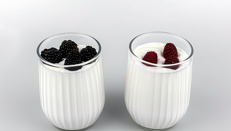 Delicious yogurt jars with fresh berries and whipped creamの素材
