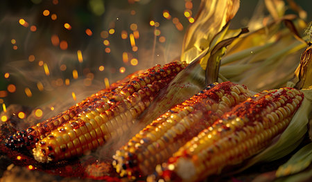 Grilled corn on the cob among the fiery sparks: the perfect summer barbecue treatの素材