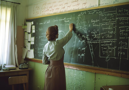 Teacher at work: a look at the classroom where the teacher writes math equations on the boardの素材