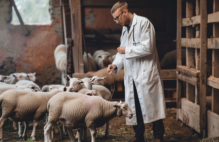 Veterinarian caring for a flock of sheep in a rustic barn, professional medical care for animalsの素材