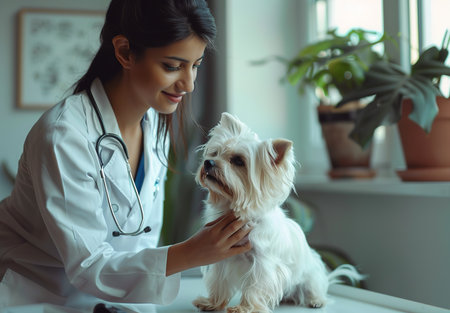 A professional veterinarian examines a dog in a well-equipped clinic, providing medical care and medical support to petsの素材