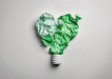 Innovative eco-friendly concept: Heart-shaped green crumpled paper turns into a glowing light bulb illustrating sustainable energy solutionsの素材