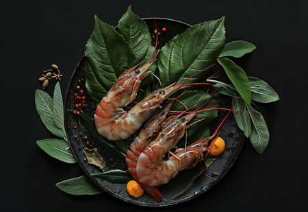 Delicious fried shrimp with fresh herbsの素材