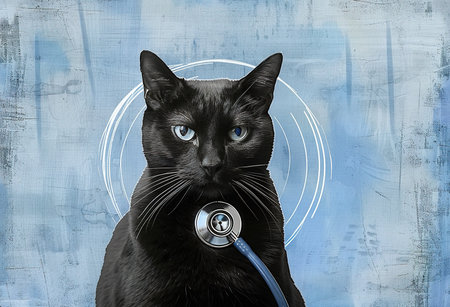 Professional veterinarian examining a beautiful cat in a modern veterinary clinicの素材