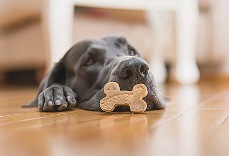 A playful dog with a bone in his mouth, captured in a beautiful setting - the perfect shot for pet lovers and nature loversの素材