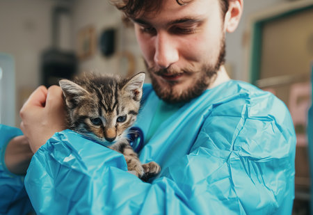 Professional veterinarian examining a beautiful cat in a modern veterinary clinicの素材