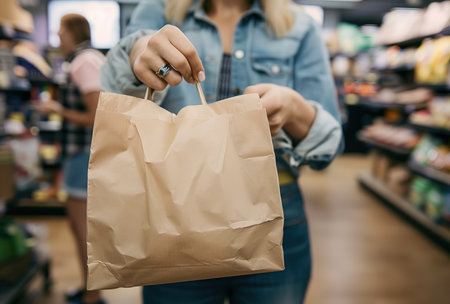 Joyful shopping experience: a person holds several shopping bags, indicating a productive shopping experienceの素材