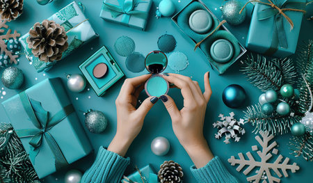Magical winter holiday scene: hands holding a bowl of sparkling powder among holiday decorations, on a cool blue backgroundの素材