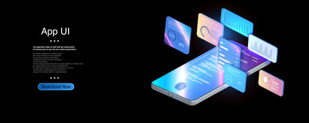 Innovative App UI Design: A Visual Display of a Smartphone Interface with Floating Feature Panels, Highlighting User Experience and Functionalityのイラスト素材