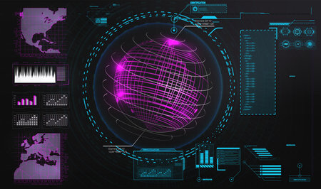 Futuristic Interface Display: Analyzing Global Network Data Streams, Visualizing Complex Information in Real-Time, Cybersecurity Monitoringのイラスト素材
