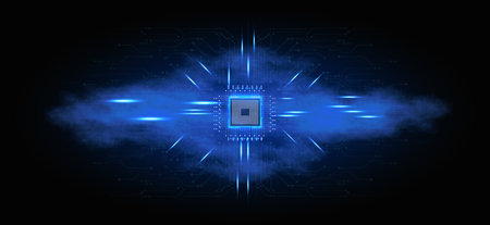 Dynamic Blue Light Burst Highlighting Central Computer Chip Within Dark Backgroundのイラスト素材