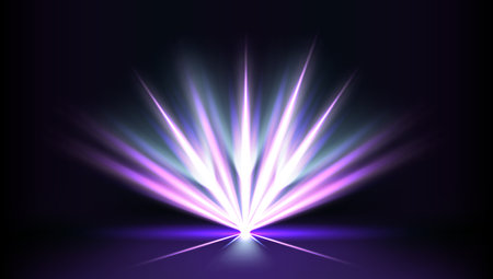 Dynamic light display with purple and blue rays illuminating a dark background in an artistic performance.のイラスト素材