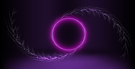 Electric energy forms swirling vortex with purple lightning in a dark environment.のイラスト素材