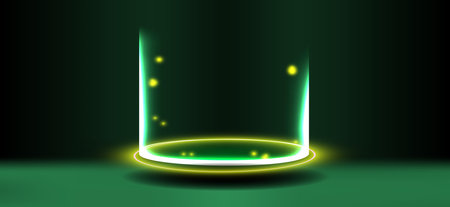 Light emanates from a glowing cylinder in a dark environment, creating a mysterious atmosphere with green and yellow hues.のイラスト素材