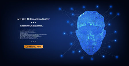 Next generation AI recognition system showing a 3D digital facial model on a deep blue background.のイラスト素材