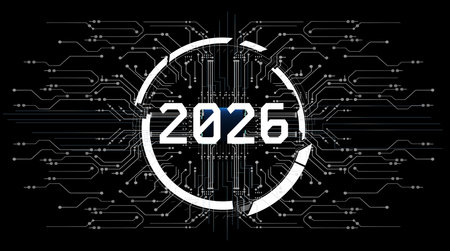 A countdown design features the year 2026 at its center, surrounded by intricate circuit patterns on...