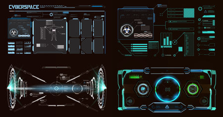 Futuristic digital interface design showcasing cyberspace elements with holographic features and data visualization.のイラスト素材