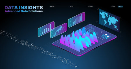 Advanced data visualization tools showing global trends and analytics on a digital interface.のイラスト素材