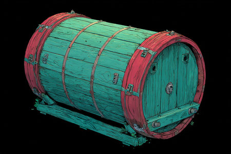 A rustic wooden barrel shows bright turquoise and red colors, highlighting its unique design. The object stands out against a dark background, adding depth and interest.の素材