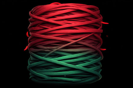 A vibrant stack of rubber bands features a smooth gradient transitioning from red to green. The contrasting black background highlights the colorful texture and layers of the bands.の素材