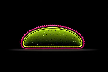 A vibrant, stylized taco appears in shades of green and pink, illuminated against a black backdrop, showing distinctive contours and textures that evoke curiosity.の素材