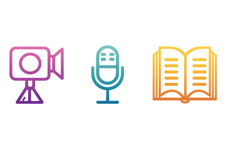 Three colorful icons are displayed: a camera, a microphone, and an open book. These symbols highlight tools for content creation, communication, and storytelling.の素材