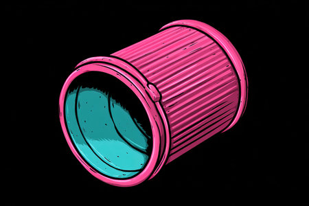 A striking cylindrical object is depicted in a blend of blue and pink shades against a black background, showing a playful, artistic design with a unique texture.の素材