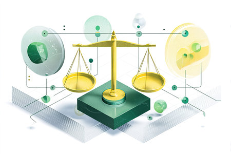 A golden scale of justice stands center stage on a green platform amidst an abstract backdrop. Various geometric shapes and colors represent ideas of balance and fairness.の素材