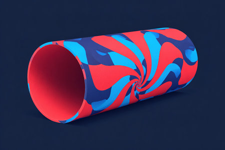 A vivid, spiral-patterned tube lies on a dark blue surface. The tube features bright red and blue colors swirling together. The design stands out boldly against the background.の素材