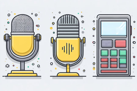 Colorful illustration features two distinct microphones, one vintage and one modern, alongside a calculator. The design includes playful dots and shapes, creating a vibrant feel.の素材