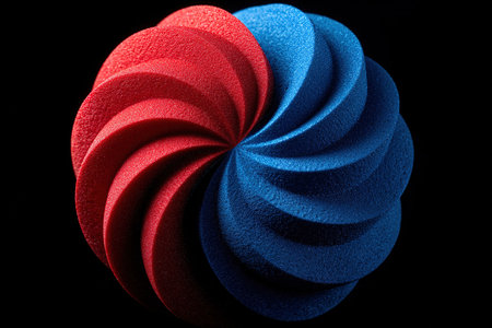 A vibrant swirl of foam features alternating red and blue ridges, creating a captivating visual effect. The smooth surface contrasts against a dark background, enhancing the colors.の素材