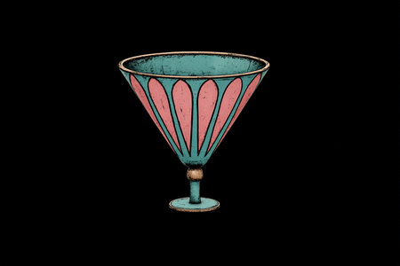 A vintage cocktail glass features a striking design with pink and blue colors. The glass stands on a simple base, creating a bold visual against the dark backdrop.の素材