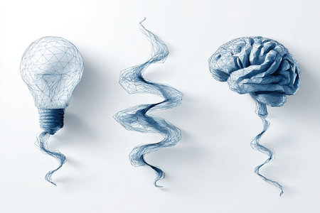 Unique wireframe art showcases a light bulb, a swirling shape, and a brain, representing creativity, ideas, and innovation. The blue tones enhance the design's futuristic feel.の素材