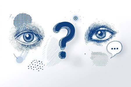 Two stylized eyes are illustrated with a question mark in between. A speech bubble appears next to one eye, suggesting dialogue and curiosity about the unknown.の素材