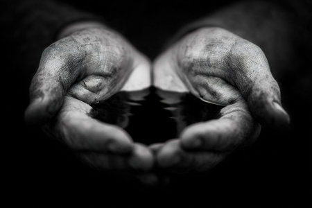 Hands, marked by age and toil, cup dark water that reflects gentle light. This serene scene captures the connection between humans and nature, evoking tranquility.の素材