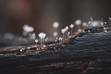 White mushrooms sprout on a piece of dark wood in a forest, illuminated by soft morning light. This close-up view captures the natural beauty and diversity of fungi.の素材