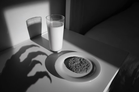 A hand shadow looms over a cookie on a plate, with a glass of milk beside it. The scene captures a playful yet spooky moment in low lighting, suggesting a late-night snack.の素材