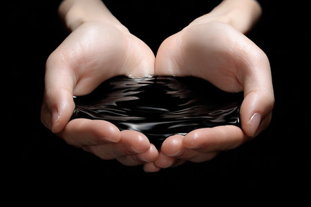 Two hands gently cradle a dark, reflective liquid that ripples softly, creating a serene contrast against a black backdrop, emphasizing the delicate interaction.の素材