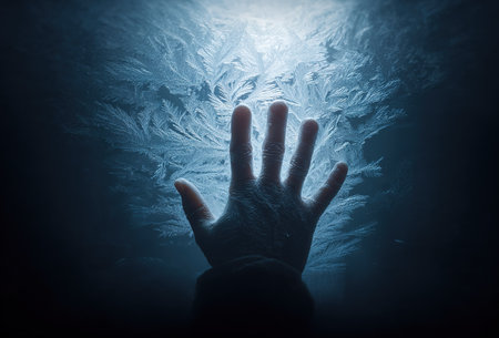 A hand reaches out to touch intricate frost patterns on a cold surface, with light illuminating the delicate ice structures. The scene captures a moment of wonder in winter.の素材