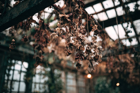 Dried flowers dangle from the ceiling of a rustic greenhouse, creating a moody atmosphere as the late afternoon light filters through glass panels.の素材