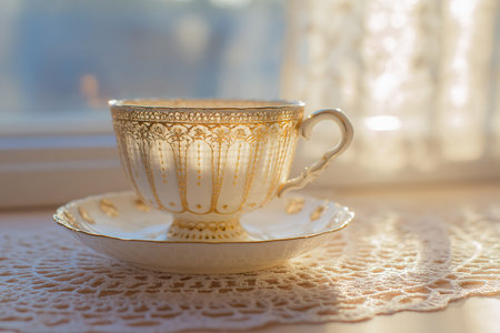 A delicate porcelain tea cup with ornate golden details sits on a lace tablecloth, illuminated by the warm glow of afternoon sunlight filtering through the window.の素材