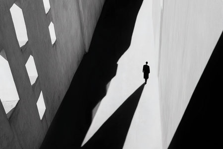 A lone figure stands in a narrow urban alley, surrounded by tall walls casting deep shadows. The scene conveys solitude and reflection in bright daylight.の素材
