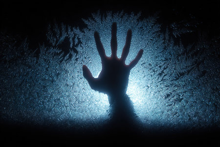 A hand appears pressed against frosted glass, with intricate frost patterns surrounding it. The scene is illuminated by a soft blue light, creating a serene yet chilly atmosphere.の素材