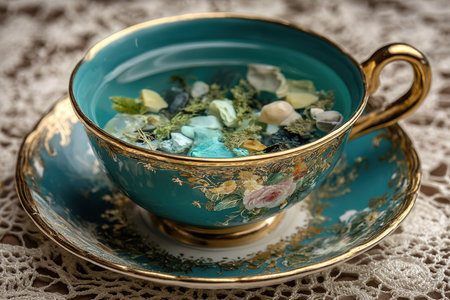 A decorative turquoise cup holds a mixture of botanical elements and small stones. The cup is set on a lace surface, showing its elegant design and colorful contents.の素材