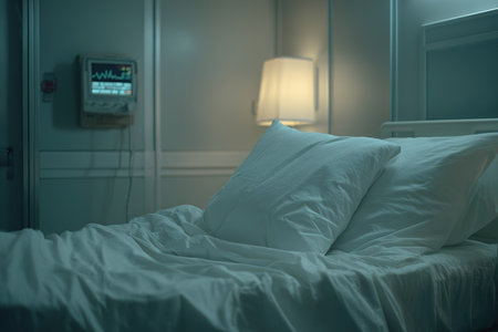 A quiet hospital room features an unmade bed with white pillows. Soft light from a lamp creates a serene atmosphere. Medical equipment is visible nearby.の素材