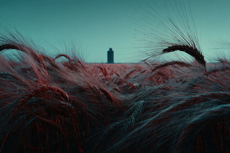 A vast field of waving wheat stretches toward a distant silo, set against a fading sky. The scene conveys tranquility and the beauty of countryside agriculture at dusk.の素材