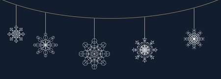 Decorative snowflakes hanging on a string against a dark background during winter festive season.のイラスト素材