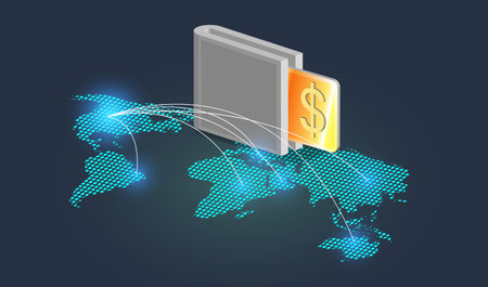 Digital wallet displaying currency over a world map with network connections shownのイラスト素材
